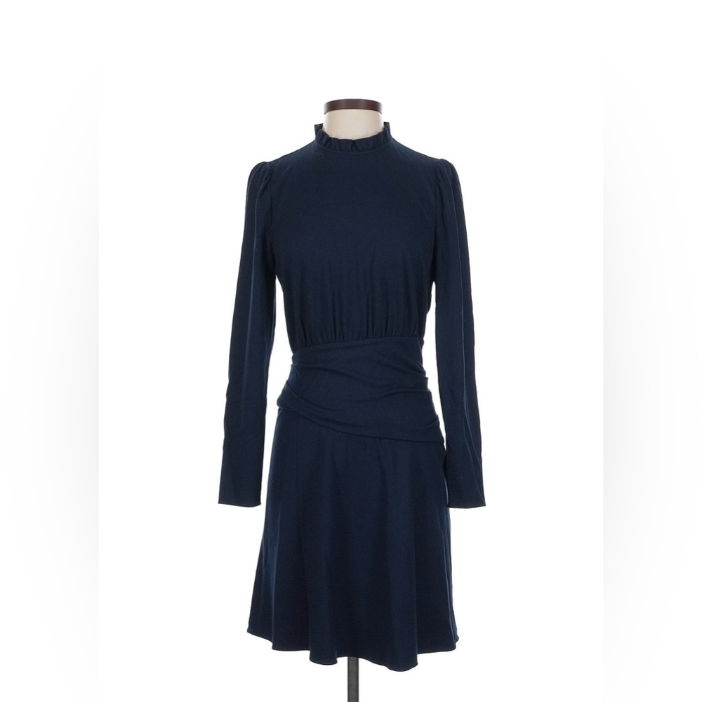 Coach Navy Long-Sleeve Ruffled Mock Neck Dress EUC Rare